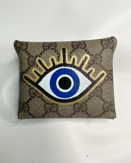 Upcycled Gucci pouch with hand painted evil eye