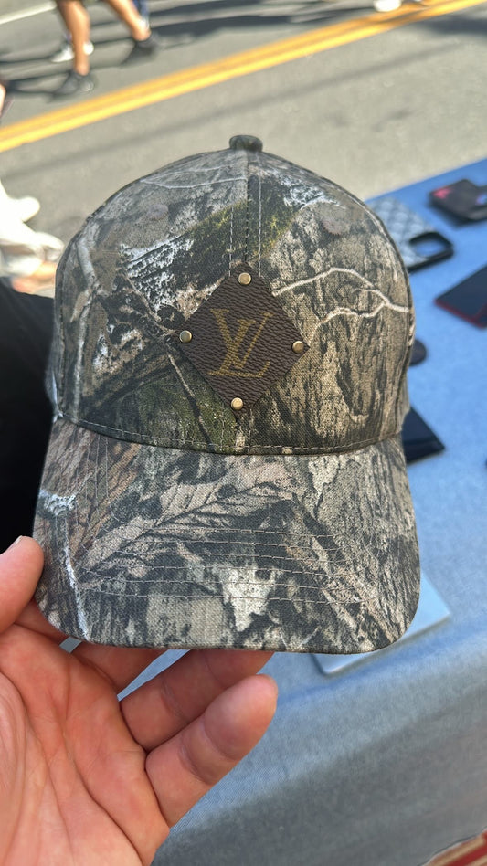 Camo upcycled lv hat with Vachetta leather strap